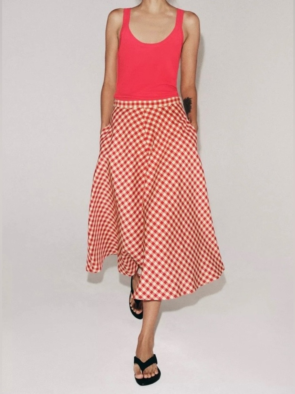 Zara ZW Collection NWT Red Gingham Midi A-Line Skirt-Cotton Blend-Retro Cottagec